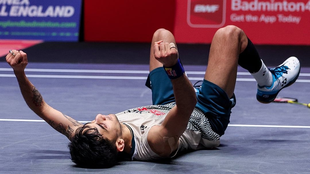 (Photo: X|BAI Media) : Lakshya Sen celebrates his win over Lee Zii Jia in the quarter-final round at All England Open 2024 on March 15, Friday. 