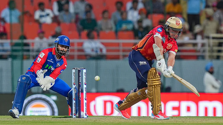 Punjab Kings' batter Sam Curran in action during the Indian Premier League (IPL) 2024 T20 cricket match between Delhi Capitals and Punjab Kings, at Maharaja Yadavindra Singh International Cricket Stadium. - PTI Photo/Arun Sharma