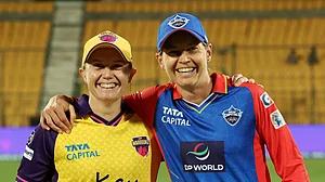 (Photo: X|Delhi Capitals) : Delhi Capitals' captain Meg Lennings right, UP Warriorz's captain Alyssa Healy ahead of their first clash in Women's Premier League 2024, on February 26.