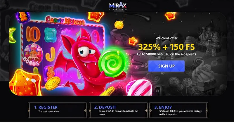 Mirax casino homepage highlighting the welcome bonus offer