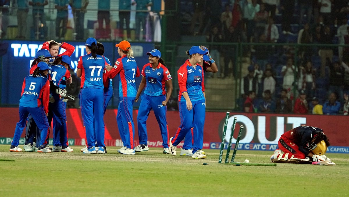 PTI Photo/Atul Yadav : Delhi Capitals players celebrate their win after the Women's Premier League (WPL) 2024 match between Delhi Capitals and Royal Challengers Bangalore at Arun Jaitley Stadium in New Delhi, Sunday, Mar 10, 2024. Delhi Capitals won by 1 run.