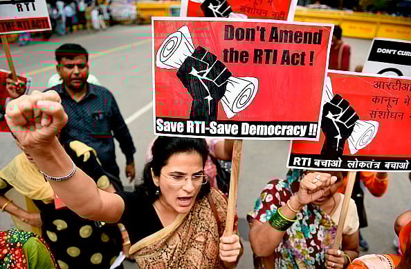 Getty Images : Activists shout slogans during a protest against the amendments to the Right to Information (RTI) Act (representative image)
