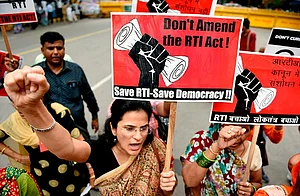Getty Images : Activists shout slogans during a protest against the amendments to the Right to Information (RTI) Act (representative image)