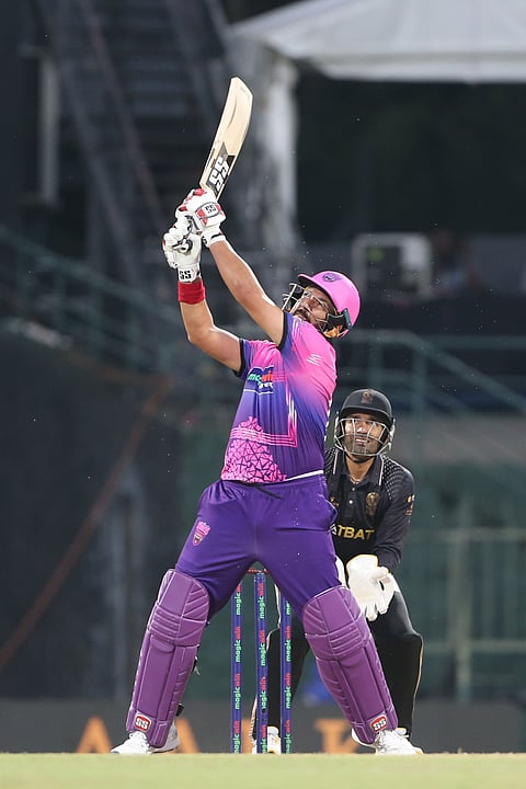 New York Superstar Strikers' captain Yuvraj Singh plays a shot against Rajasthan Kings in the Legends Cricket Trophy 2024 Final on Tuesday.