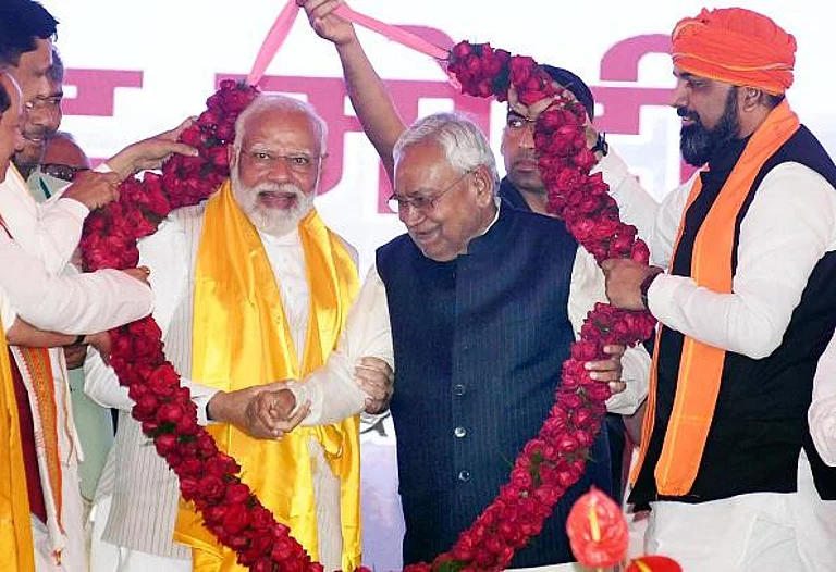 Narendra Modi along with Nitish Kumar during the inauguration and foundation laying ceremony of various development projects on March 2, 2024 in Aurangabad, India (representative image) - Getty Images