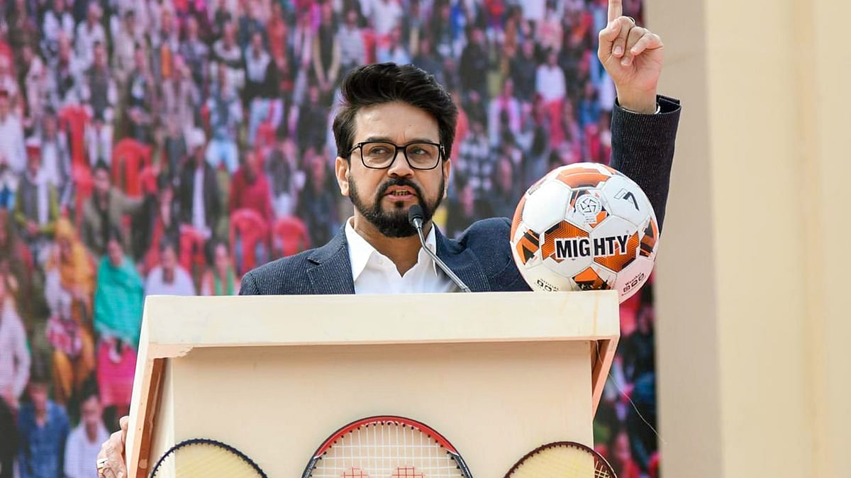 PTI : Union Minister Anurag Thakur during the inauguration of Sansad Khel Mahakumbh at Luhnu Cricket Ground in Bilaspur on March 5, 2024.