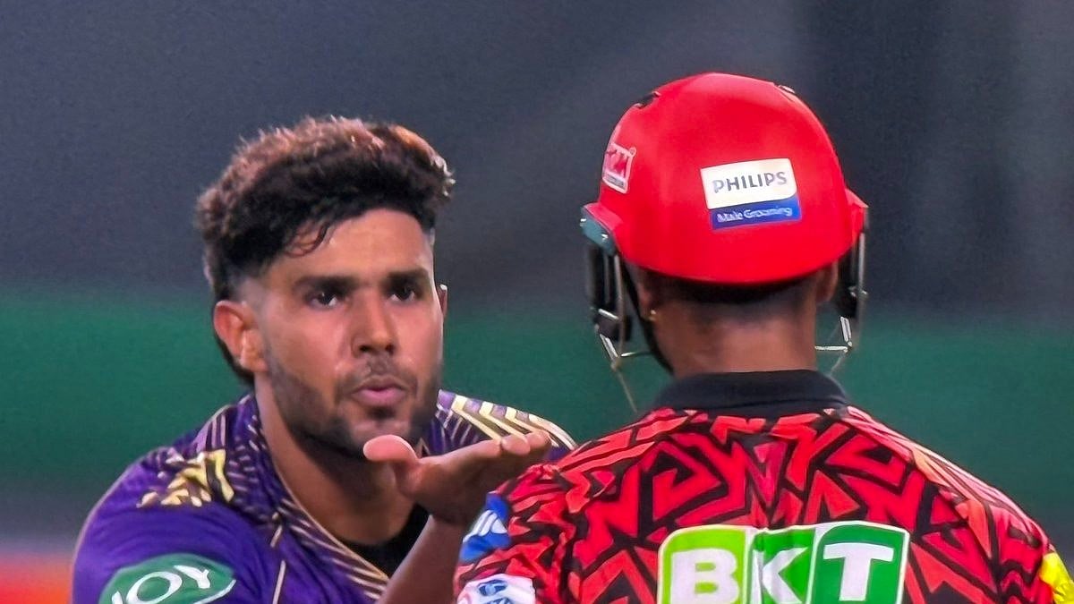Screengrab/Jio Cinema : Kolkata Knight Riders seamer Harshit Rana blows a flying kiss to Sunrisers Hyderabad opener Mayank Agarwal after dismissing the latter in match 3 of Indian Premier League 2024 at Eden Gardens.