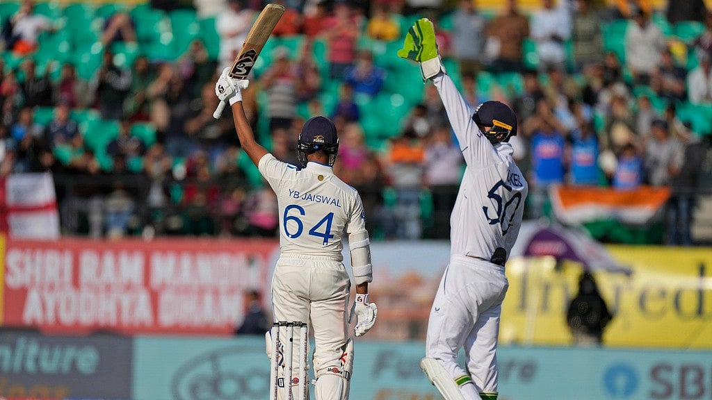 India's Yashasvi Jaiswal celebrates his fifty runs on the first day of the fifth and final test match between England and India in Dharamshala, India, Thursday, March 7, 2024. 

 - (AP Photo/Ashwini Bhatia)
