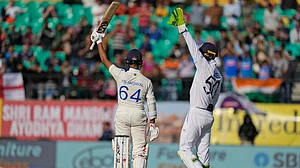 (AP Photo/Ashwini Bhatia)
: India's Yashasvi Jaiswal celebrates his fifty runs on the first day of the fifth and final test match between England and India in Dharamshala, India, Thursday, March 7, 2024.