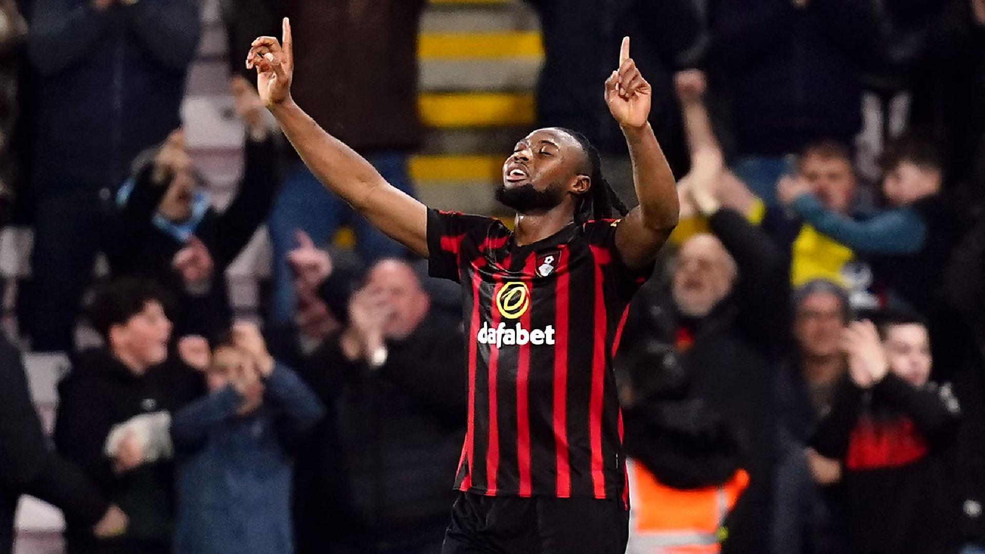 John Walton/PA : Antoine Semenyo celebrates scoring Bournemouth’s fourth.