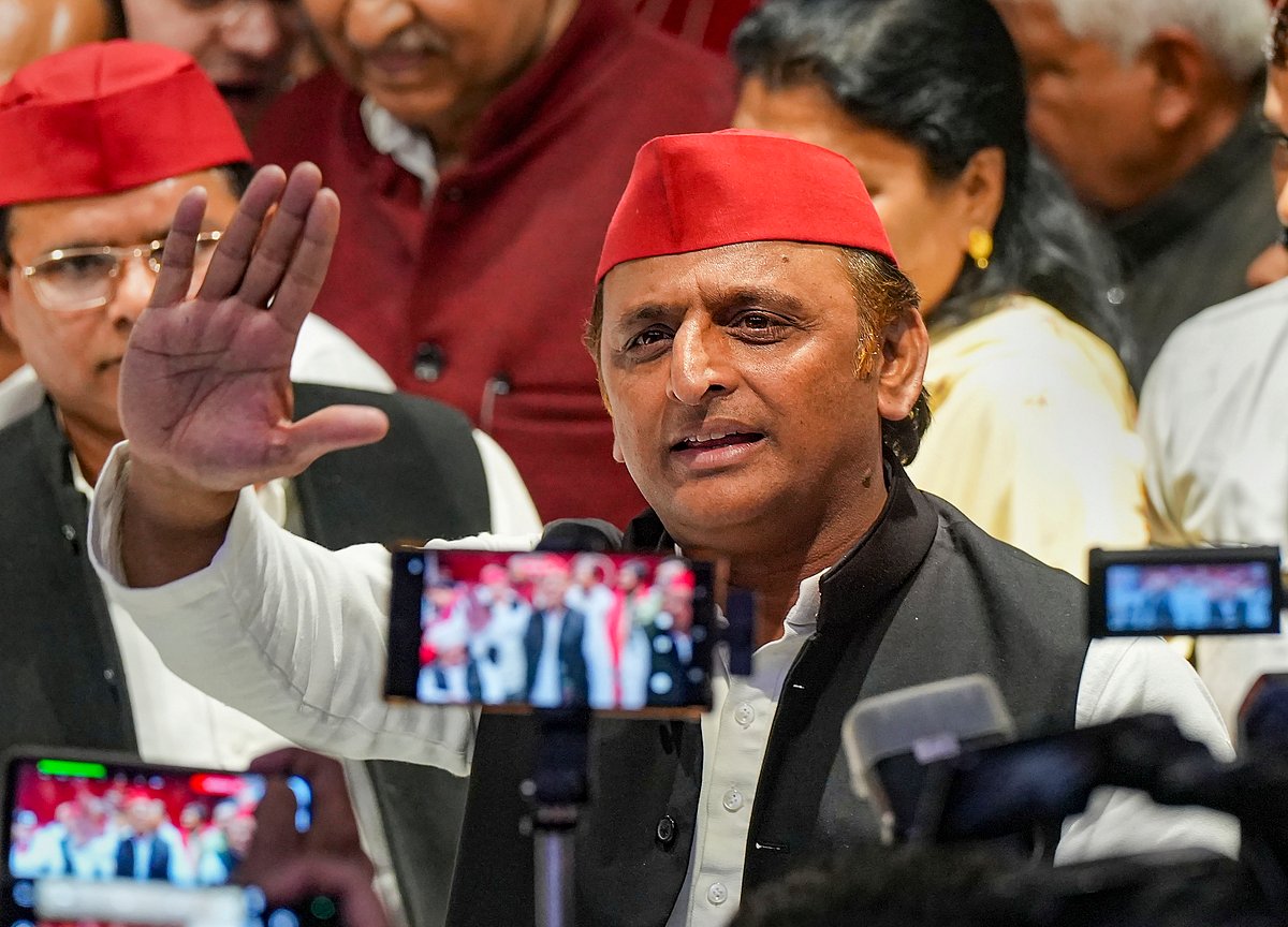 Samajwadi Party President Akhilesh Yadav addresses a press conference at the party office in Lucknow, Uttar Pradesh. - PTI