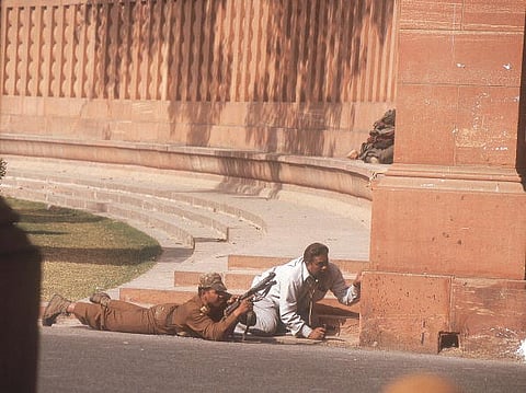 Security Guards on the arms position with Gun at the Parliament attack by terrorist in New Delhi