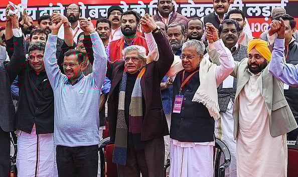 Hardik Chhabra/ The India Today Group via Getty Images : Kerala Chief Minister Pinarayi Vijayan with Communist Party of India (CPI) General Secretary D Raja, Delhi CM Arvind Kejriwal, Punjab CM Bhagwant Mann, Secretary-General, Communist Party of India (Marxist), Sitaram Yechury, Jammu and Kashmir National Conference (JKNC) President Farooq Abdullah and others.