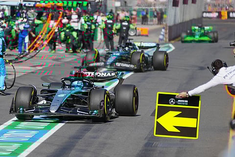 Mercedes driver George Russell of Britain steers his car into pit lane during the Australian Formula One Grand Prix at Albert Park, in Melbourne, Australia, Sunday, March 24, 2024.