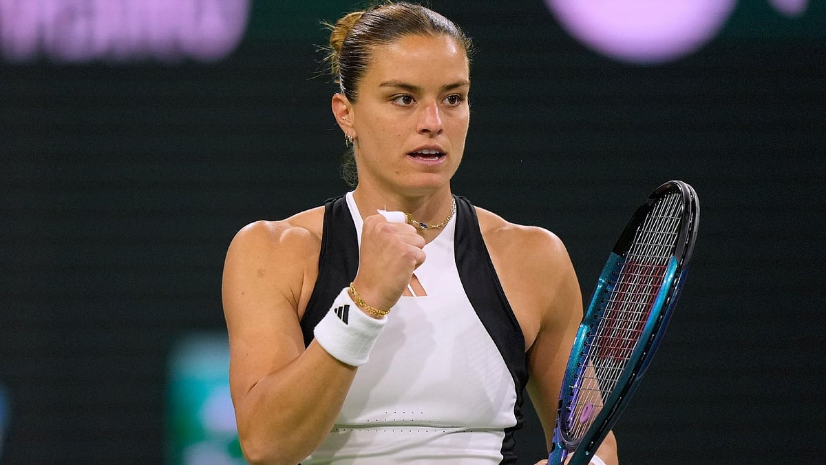 Ryan Sun/AP : Maria Sakkari reacts after winning the first set against Coco Gauff at the Indian Wells Open 2024 semi-final match. 