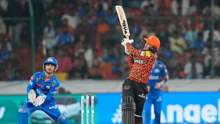 Sunrisers Hyderabad's Abhishek Sharma plays a shot during the Indian Premier League match between Sunrisers Hyderabad and Mumbai Indians in Hyderabad. - AP Photo/Mahesh Kumar A.