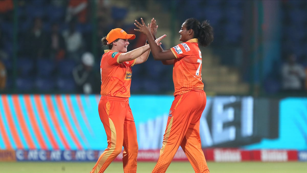 Photo: X/ @wplt20 : Gujarat Giants' Shabnam Md Shakil (R) celebrating after taking a wicket in WPL 2024.