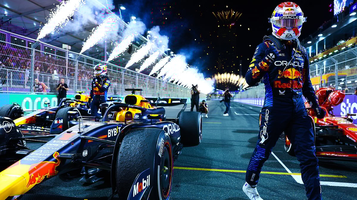 Getty Images / Red Bull Content Pool : Max Verstappen celebrates in parc ferme during the F1 Grand Prix of Saudi Arabia at Jeddah Corniche Circuit on March 09, 2024 in Jeddah, Saudi Arabia.