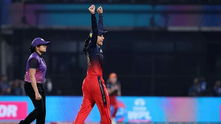 Royal Challengers Bangalore captain Smriti Mandhana celebrates her team's win over Mumbai Indians in the Women's Premier League 2024 eliminator in Delhi on Friday (March 15). - WPL T20 website