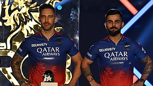 (Photo: X | RCB) : Royal Challengers Bengaluru captain Faf Du Plessis and Virat Kohli at the RCB Unboxing event ahead of Indian Premier League 2024.
