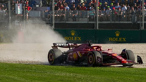 Ferrari driver Charles Leclerc of Monaco steers his car through some gravel during the second practice session of the Australian Formula One Grand Prix at Albert Park, in Melbourne, Australia, Friday, March 22, 2024.