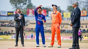X/CricketNep : Captains Rohit Paudel (second from left) and Scott Edwards (third from left) at the toss for the Nepal vs Netherlands T20I match in the tri-series tournament at Kirtipur on March 2, 2024.
