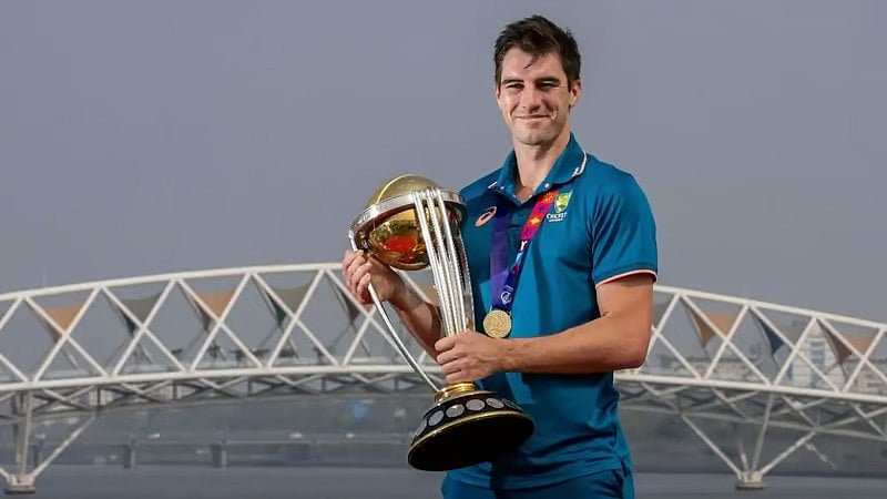 Pat Cummins with the ICC Cricket World Cup 2023 trophy at the Sabarmati riverfront in Gujarat. - File