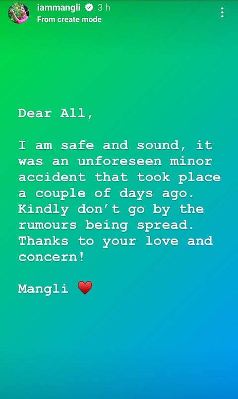 Singer Mangli's statement on her recent car accident