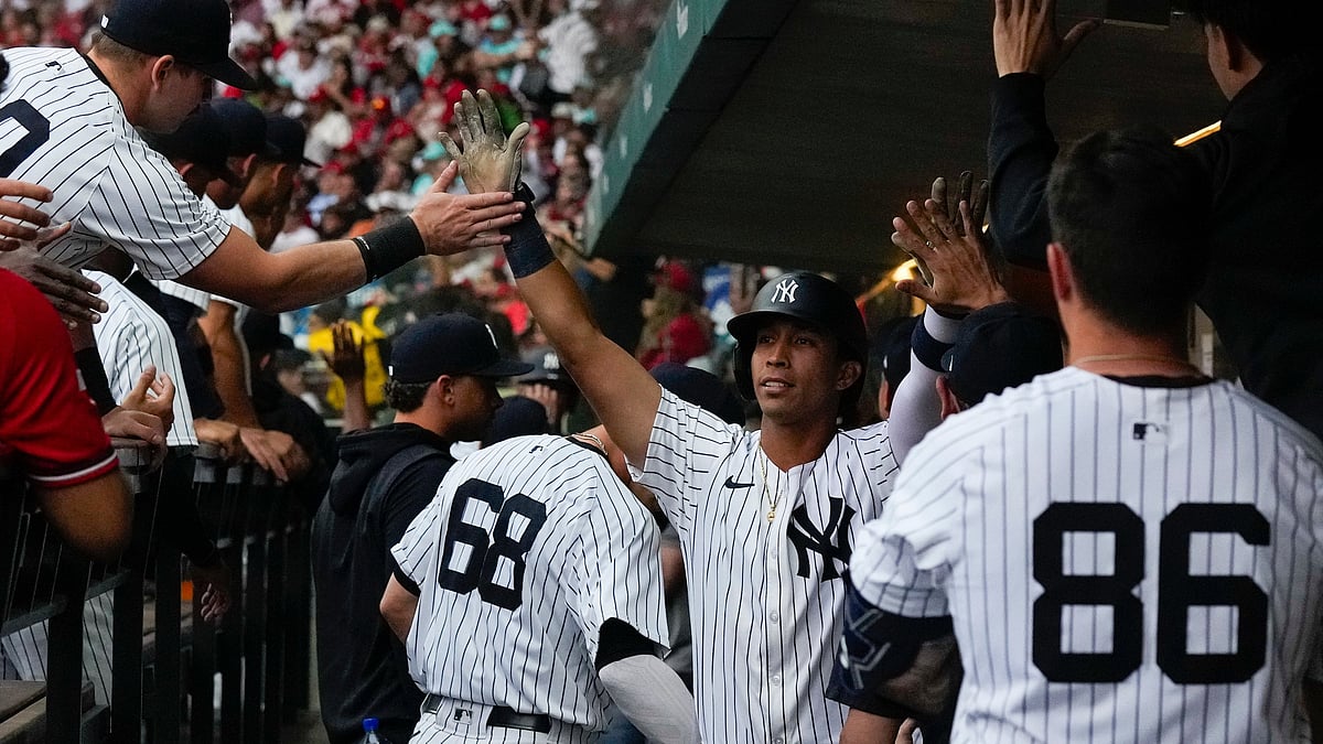 (AP Photo/Fernando Llano)
 : New York Yankees' Oswaldo Cabrera celebrates after scoring against Diablos Rojos at the first inning during an exhibition baseball game at Alfredo Harp Helu Stadium in Mexico City, Monday, March 25, 2024. 

