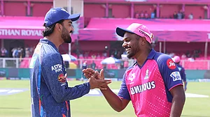 Photo: X/ @IPL : LSG Captain KL Rahul (L) with RR Captain Sanju Samson during to toss in IPL 2024.