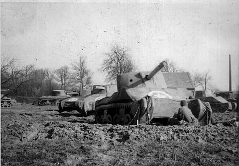 This photo provided by the Ghost Army Legacy Project shows inflatable tanks in March, 1945. For decades, their mission during World War II was a secret. With inflatable tanks, trucks and planes, combined with sound effects, radio trickery, costume uniforms and acting, the American military units that became known as the Ghost Army helped outwit the enemy.