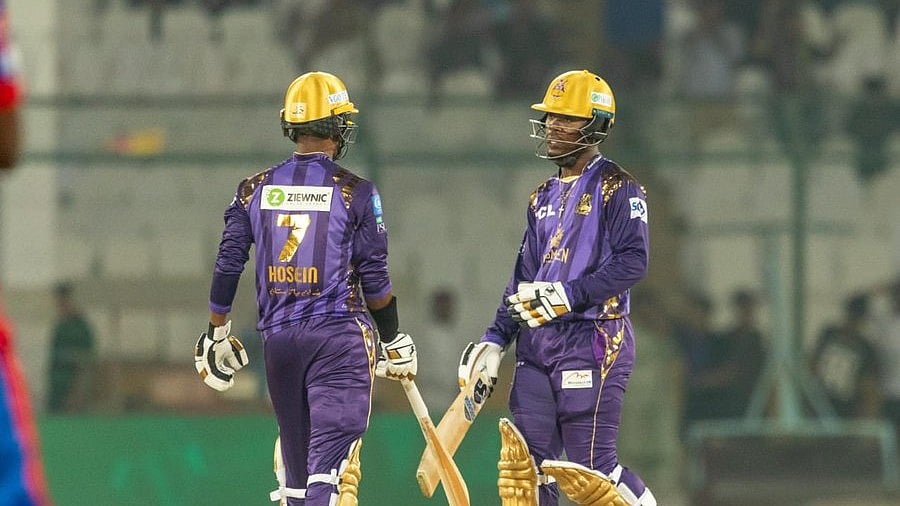 Photo: X/ thePSLt20 : Quetta Gladiators' players - Sherfane Rutherford (R) and Akeal Hosein against Karachi Kings in PSL 2024.
