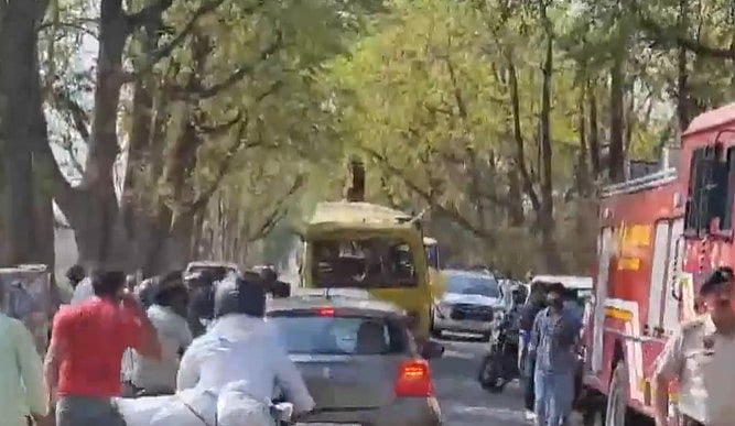 X/ANI : As per reports, the bus belonging to GL Public School overturned near Unhani village of Kanina. 