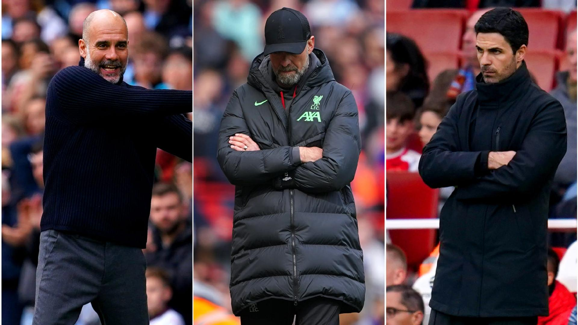 Martin Rickett/Peter Byrne/Adam Davy/PA : Pep Guardiola, left, Jurgen Klopp, centre, and Mikel Arteta.