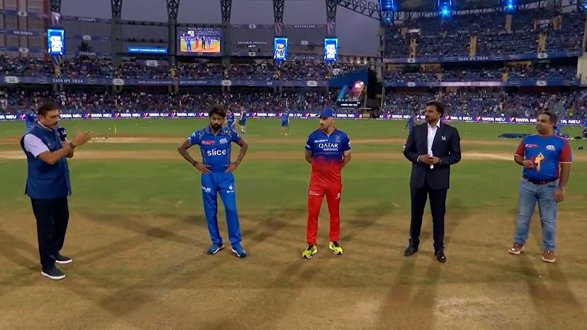 BCCI : Captains Hardik Pandya and Faf du Plessis at the toss for the Mumbai Indians vs Royal Challengers Bengaluru match in Indian Premier League 2024 at the Wankhede Stadium on Thursday (April 11).