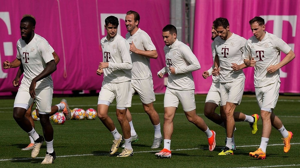 Bayern Munich attend a training session before the UEFA Champions League semi-final against Real Madrid.  - AP