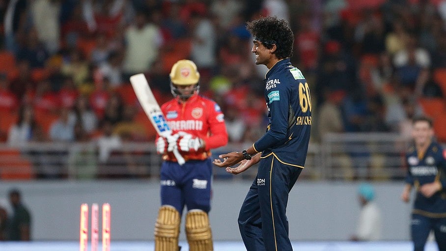 AP : Gujarat Titans' Sai Kishore celebrates the dismissal of Punjab Kings' Jitesh Sharma during the Indian Premier League cricket match between Punjab Kings' and Gujarat Titans' in Mullanpur, India, Sunday, April 21, 2024