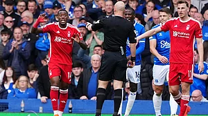 Peter Byrne/PA : Callum Hudson-Odoi, left, appeals for a penalty for Forest against Everton.