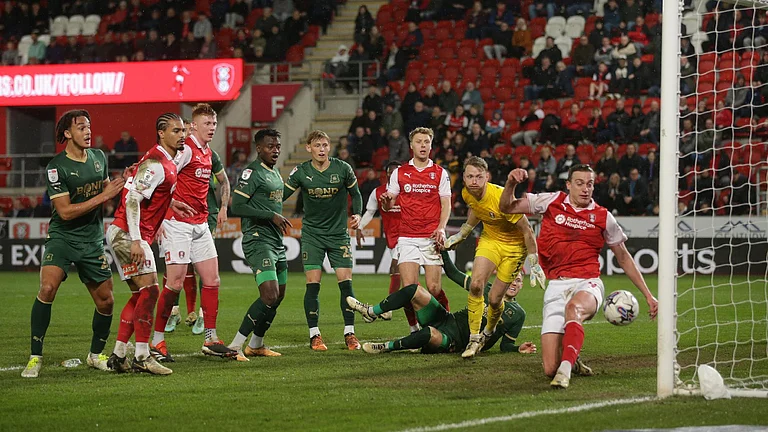 Plymouth Argyle's Ben Waine (centre) attempts a shot on goal during the Sky Bet Championship match at the AESSEAL New York Stadium, Rotherham. Picture date: Friday April 5, 2024.
- File