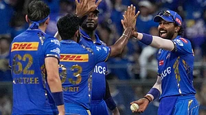 X | Mumbai Indians : Mumbai Indians celebrate their first match win of the 2024 IPL against Delhi Capitals on April 7.