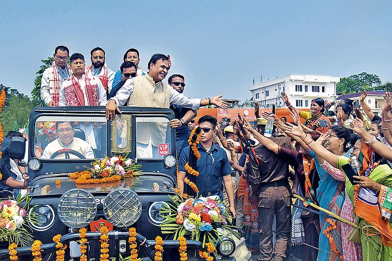 Wooing Voters: Himanta Biswa Sharma at a rally with Suresh Bora, the BJP’s candidate for the Nagaon Lok Sabha constituency - Photo; Getty Images