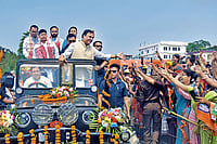 Photo; Getty Images : Wooing Voters: Himanta Biswa Sharma at a rally with Suresh Bora, the BJP’s candidate for the Nagaon Lok Sabha constituency