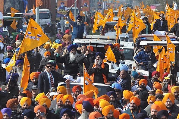 Shiromani Akali Dal (SAD) president Sukhbir Singh Badal, SAD leader Anil Joshi, Gulzar Singh Ranike with party workers during a "Punjab Bachao Yatra" start from Attari. on February 1, 2024 in Amritsar, India.  - (Photo by Sameer Sehgal via Getty Images)
