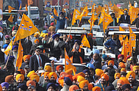 (Photo by Sameer Sehgal via Getty Images) : Shiromani Akali Dal (SAD) president Sukhbir Singh Badal, SAD leader Anil Joshi, Gulzar Singh Ranike with party workers during a "Punjab Bachao Yatra" start from Attari. on February 1, 2024 in Amritsar, India. 