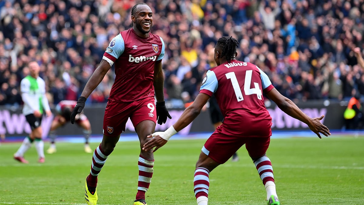 Michail Antonio celebrates his 77th-minute equaliser against Liverpool on Saturday
