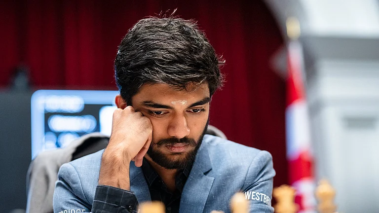Indian Grandmaster D Gukesh in action at the round 14 of FIDE Candidates 2024 chess tournament in Toronto. - FIDE/Maria Emelianova