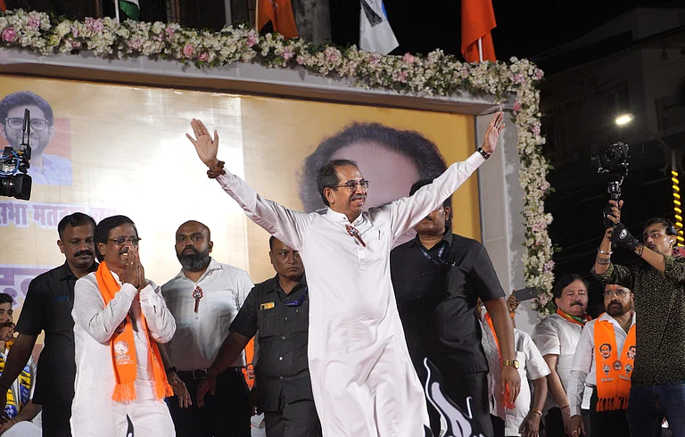Uddhav Thackeray addressing a rally in Ratnagiri-Sindhudurg Lok Sabha constituency in the state's coastal belt for party candidate and sitting MP Vinayak Raut. Photo by: Dinesh Parab/Outlook - Dinesh Parab/Outlook