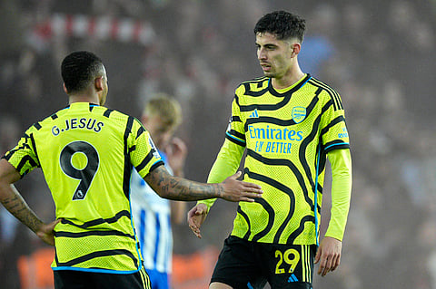 Arsenal's Gabriel Jesus, left, and Arsenal's Kai Havertz during the English Premier League soccer match between Brighton and Hove Albion and Arsenal at the American Express Community Stadium in Brighton, England, Saturday, April 6, 2024.