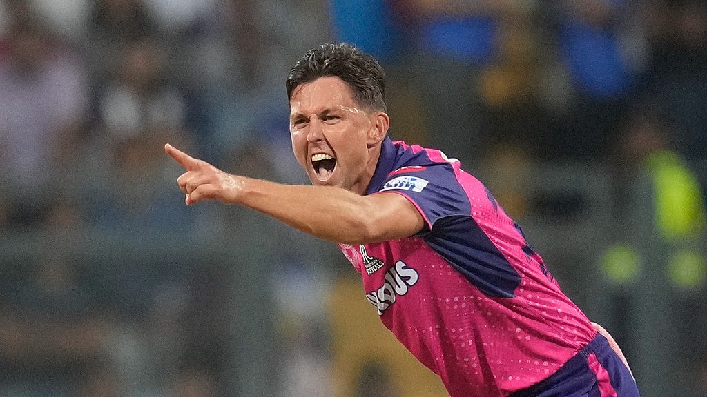 (AP Photo/ Rafiq Maqbool) : Rajasthan Royals' Trent Boult celebrates the dismissal of Mumbai Indians' Naman Dhir during the Indian Premier League cricket match between Mumbai Indians and Rajasthan Royals in Mumbai, India, Monday, April. 1, 2024.
