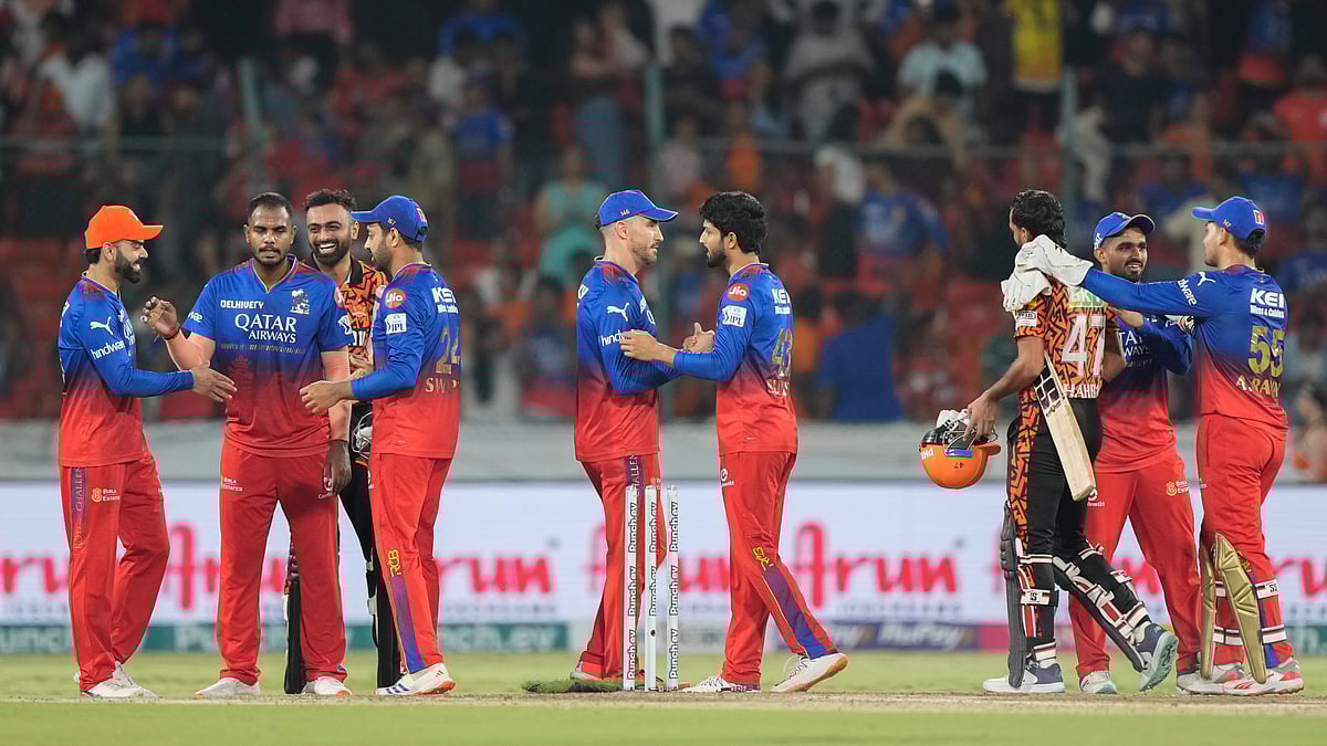 AP Photo/Mahesh Kumar A. : Royal Challengers Bengaluru players celebrate their win against Sunrisers Hyderabad during the Indian Premier League in Hyderabad.